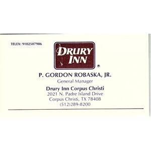 Drury Inn P. Gordon Robaska Corpus Christi TX Vintage Business Card STK2-BC2-10